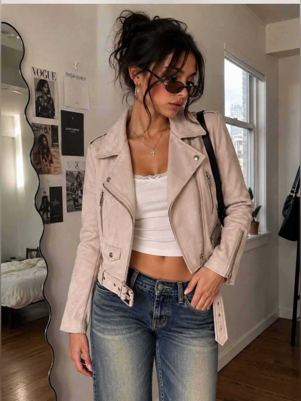Zara Pink Moto Jacket Faux Suede Cropped Belted Size M Biker Zip Cuffs Y2K chic